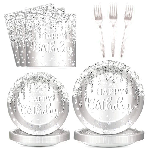 ZOIIWA 96 Pieces Glitter Diamonds Silver Birthday Tableware Set for Silver Birthday Decor Dessert Plates Napkins Forks for 24 Guests Silver Party Supplies