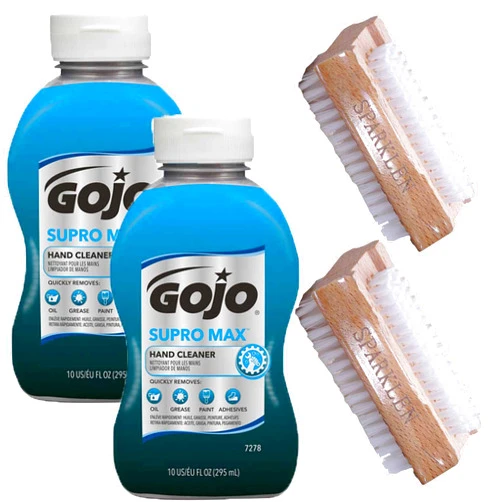 GOJO Supro Max Hand Cleaner Heavy Duty Cleaner Scrub, 2 Bottles 10 OZ each [Total of 20 Oz.] with 2 compatible Sparklen Wooden Nail Brushes