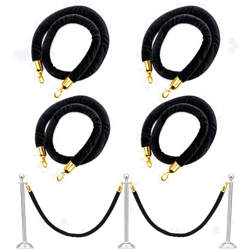 Okllen 4 Pack Black Velvet Stanchion Ropes with Gold Hooks, 5 Ft Crowd Control Barrier for Carpet Events Movie Theaters Hotels