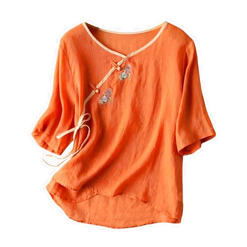 Franterd Cotton Linen Tops Women Ethnic Style Vintage Embroidery Chinese Frog Button Shirts Drawstring Hem 3/4 Sleeve Blouses