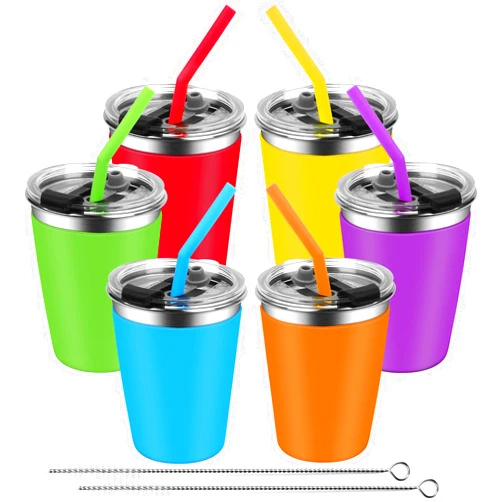 EWSNmata Kids Cups with Lids Spill Proof, Stainless Steel Sippy Cups with Sleeve, 12oz Toddlers Straw Tumbler for School, 6 Pack Unbreakable Water Glasses for Children, Adults, Outdoor, Indoor