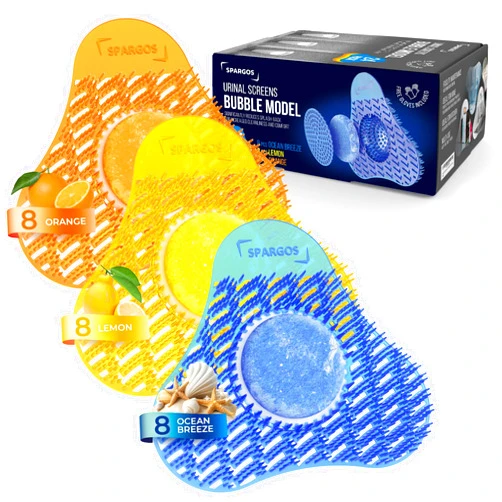 SPARGOS Urinal Screen Deodorizer 24 Pack - Urinal Cakes Fresh 3D Wave Anti-Splash Odor Protection Mats for Toilets in Bathroom Office Stadiums Schools - Includes Free Gloves, 8pcs Blue, Yellow, Orange