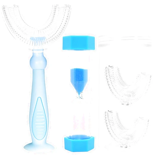 TUSIWIT Kids U Shaped Toothbrush with 2 Minutes Sand Timer,Toddler Toothbrush for Childrens Whole Mouth Kid Toothbrushes (6-12 Year, Blue)