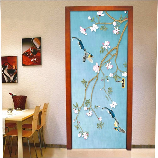 CUUDBP Mural Wallpaper Chinese Style Flower And Bird Art 3D Door Stickers Vinyl Art Sticker Poster Removable Self Adhesive Door Decal For Living Room Bedroom Bathroom Office Home Decoration 30.3