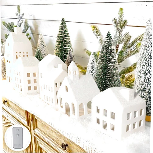 ORIENTAL CHERRY Christmas Decorations - Christmas Decorations Indoor - Christmas Village Sets of 5 Lighted Ceramic Houses with Remote Control & 9 Trees - White Xmas Holiday Farmhouse Rustic Decor for Home Table Room