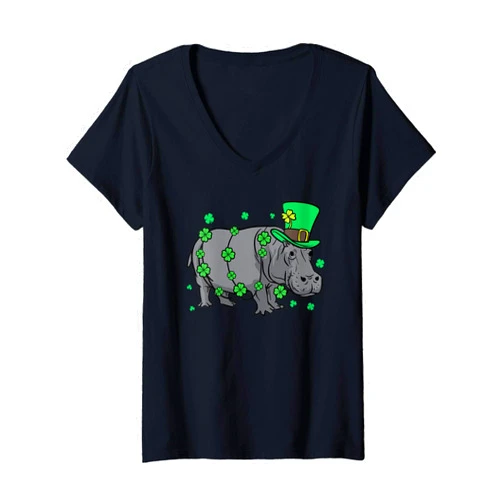 St Patty's Hippo Shop Womens Hippo Leprechaun St Patrick's Day Hippopotamus Lover Gift V-Neck T-Shirt