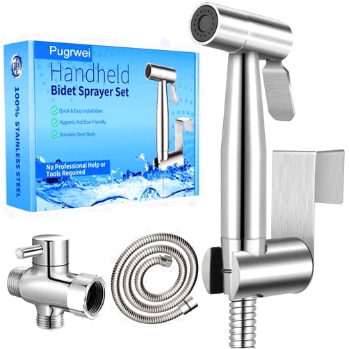 Pugrwei New Version Handheld Bidet Sprayer for Toilet, Premium Stainless Steel Bathroom Bidet Sprayer Set, Baby Cloth Diaper Sprayer with Superior Complete Bidet Spray Hoses Kit, Support Wall or Toilet Mount