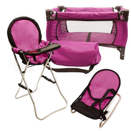Mommy & Me 3 in 1 Baby Doll Accessories Mega Deluxe Playset with Doll High Chair, Doll Bouncer, and Doll Pack N Play Baby Doll Crib, Fits 18 Inch American Girl Doll, Purple