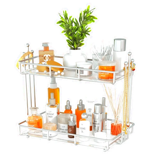 WELLFAST Bathroom Organizer Countertop Perfume Organizer Skincare Organizers 2 Tier Bathroom Tray Stainless Steel Sliver Shelf Acrylic Tray