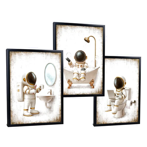 Kalormore Framed Space Astronaut Wall Art 3 Piece Modern Space Themed Canvas Prints Artwork Educational Gift Home Decorations Gift Idea for Nursery and Bathroom (Black)