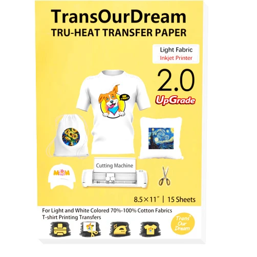 TransOurDream Upgraded Iron on Heat Transfer Paper for T Shirts (8.5x11'', 15 Sheets) Iron-on Transfers Paper for Light Fabric Printable Heat Transfer Vinyl for Inkjet Printer (TOD-4-15)