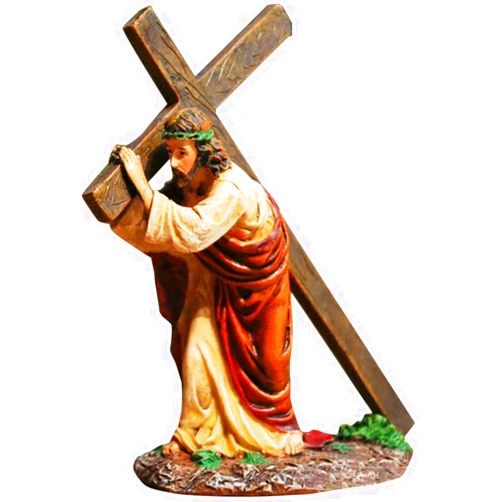 Materz Jesus Cross Figure Jesus Carrying The Cross，Resin Figurine Hand-Painted Jesus Ornament Church Decorations, Religious Statues Christian Gift Collection Crafts for Desktop Home Church Office Easter