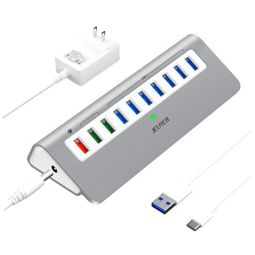 JELIYEA Powered USB Hub 10Gbps, 10 Ports USB 3.1 Gen 2 Hub Power Multiport USB Splitter USB Extender (7 USB 3.1 Data Port and 3 Fast Charging Port) with 36W Power Adapter, for Desktop/USB-A&USB-C Laptop/PC