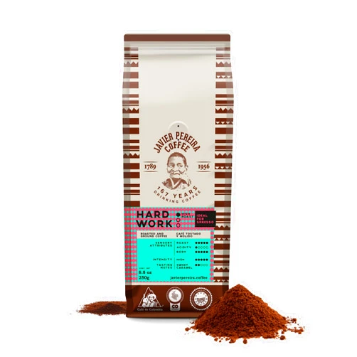 Javier Pereira Coffee - Hard Work Colombian Specialty Coffee – Dark Roast – 100% Arabica – Espresso Specialty – Intense flavor with caramel notes – Ground - 8.8 Oz