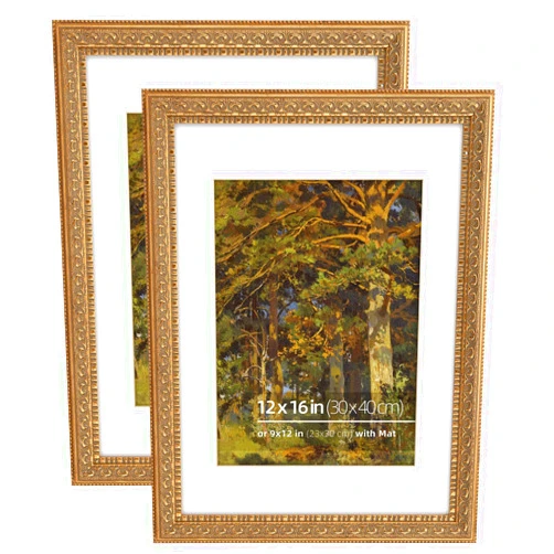 Eitida 12x16 inches Antique Gold Ornate Picture Frame, With Mat for 9x12 inches photos, Plexi glass Protection, 2 Pack