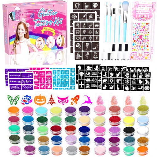 TEUVO Glitter Tattoo Kit for Kids, 50 Glitter Colors, 199 Stencils, 2 Gem Stickers, 4 Glue, 5 Brushes Body Face Arts Glitter Makeup Temporary Tattoos for Girls Halloween Christmas Birthday Party Gifts