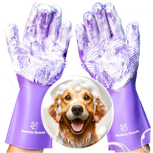 Bubble Hands Dog Washing Gloves with Bristle Scrubbers, Reusable Silicone Gloves ideal for Pet Bathing, Massaging & Grooming (Purple)