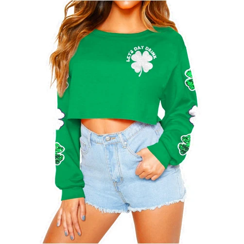 For G and PL Women St. Patricks Day Crop top Irish Shamrock Graphic Glitter Powder Cropped Sweatshirt XS-L