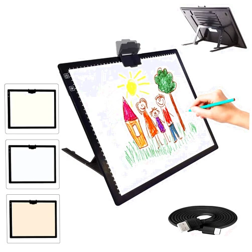 VNPONV Led Light Pad, Rechargeable Battery Powered Tracing Light Box, 3 Colors Stepless Dimmable 6 Levels of Brightness Led Light Board,Built-in Stand, Magnet Clip(Black)