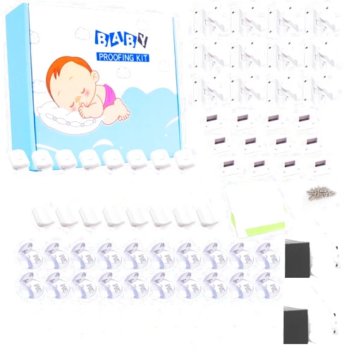 HassGuk 69 Packs Baby Proofing Kit including 12 Hidden Cabinet Locks, 8 Adjustable Safety Latches, 26 Outlet Covers, 20 Baby Proof Corners, 2 Anti Tip Furniture Anchors Kit and 1 Sliding Glass Door Lock
