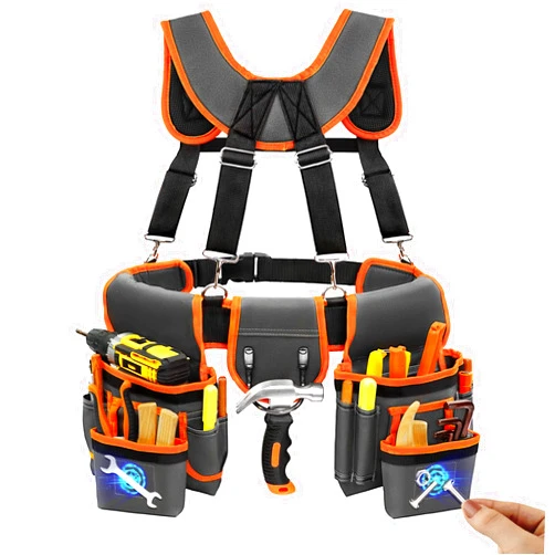 TEKCHIC Tool Belt, Professional Tool Belts for Men, Magnetic Tool Pouch With Suspenders, Heavy Duty Detachable Adjustable Utility Belt Work Bags for Electrician, Carpenter (Gray and Orange, 32''-66'')