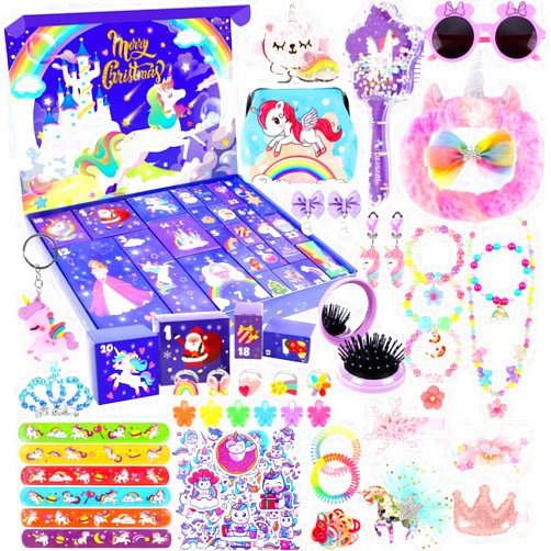 Labeol Advent Calendar 2024 Girls,24 Days Surprise Christmas Unicorn Gift Box Christmas Countdown Calendar, Including Hair Accessories, Jewelry, Glasses, Bracelets, Stickers,Coin Purse