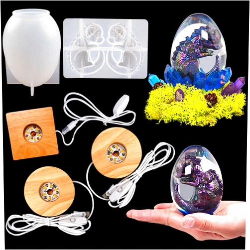 Voaesdk 5PCS Dragon Egg Light Resin Molds Set Include 3D Dinosaur Egg Silicone Molds with 3PCS USB Powered Wooden Lighted Base Stand for DIY Crafts Desktop Ornaments Table Lamp Home Decor