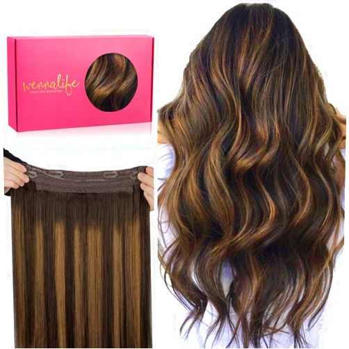 WENNALIFE Wire Hair Extensions (Increase 50% Lifespan) Real Human Hair 14 inch 75g Balayage Dark Brown to Chestnut Remy Invisible Transparent Fish Line