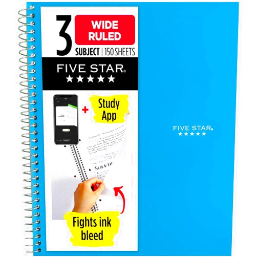 Five Star Spiral Notebook + Study App, 3 Subject, Wide Ruled Paper, 150 Sheets, 10-1/2