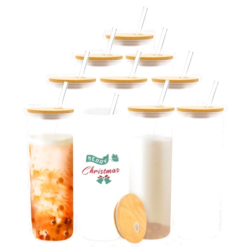 YOUKE OLA 10 Pack Sublimation Straight Glass Skinny Blanks Tumblers Frosted Glass Tumbler with Bamboo Lid and Glass Straw Tumbler Cups for Tumbler Heat Press 30oz