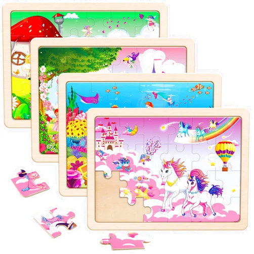 SYNARRY Large Unicorn Mermaid Princess Fairy Wooden Kids Puzzles 4 in 1 Gift Box(12.2*9.4 in) - FSC Certified, Puzzles for Toddlers 3-5, Puzzles for Kids Ages 4-6, Toys Gifts for 3 4 5 Year Old Girls