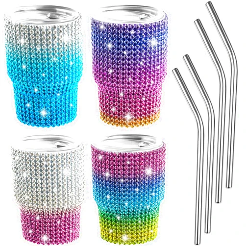 LIANGMIDA 4 PCS Mini Shot Tumblers with Lids and Straws Shot Glasses Set with lids Glitter Tumbler 3oz Diamond Mini Tumbler Small Shot Glasses Tumbler for Serving Spirits Travel Camping (Red Pink Blue Green)