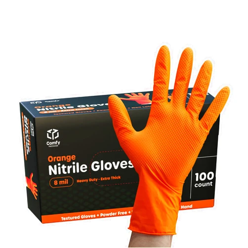Comfy Package [100 Count 8 Mil Disposable Orange Nitrile Gloves Heavy-Duty, Industrial, Diamond Texture