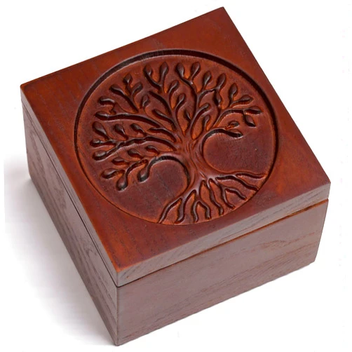 KATINAT Hand-Carved Tree of Life Wooden Jewelry Box – Artisan Keepsake Storage Box, Handmade Decorative Gift for Women & Men, Natural Wood Finish