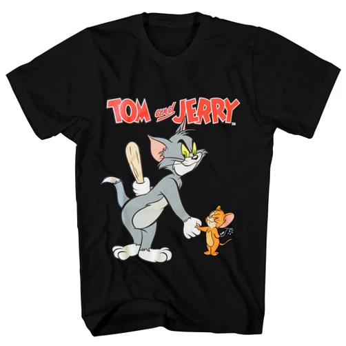 Tom and Jerry Mens Tom & Jerry Battle Shirt - Classic Hanna-Barbera Tee - Vintage Cartoon Chase T-Shirt - Black