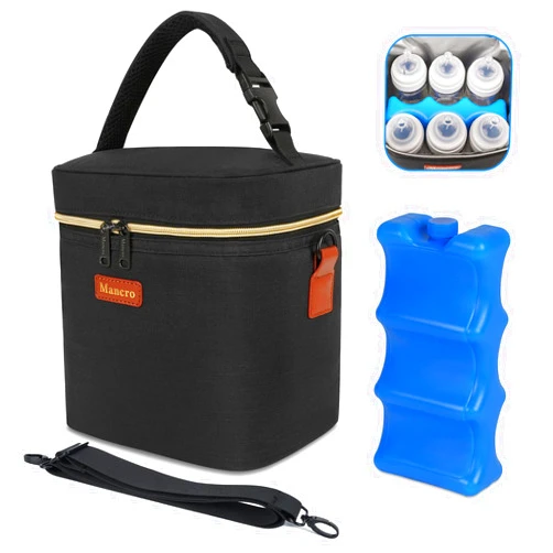 Mancro Breastmilk Cooler Bag with Ice Pack, Fits 6 Baby Bottles Up to 9 Ounce Insulated Bottle Bag, Breast Milk on The go Strap, for Nursing Mom Daycare, Black
