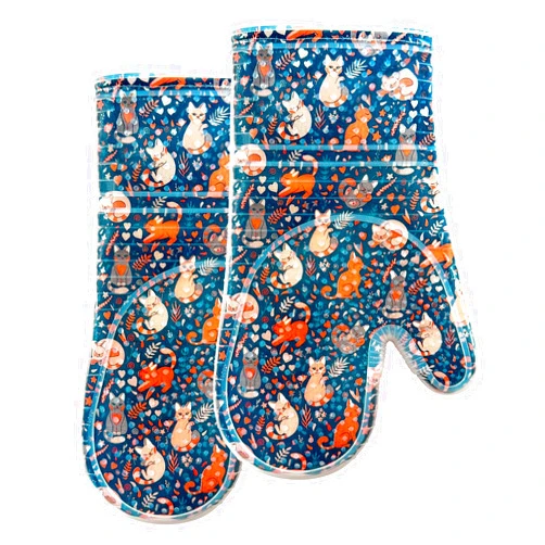 RED LMLDETA Oven Mitts Set of 2 with Transparent Clear Silicone Shell and Nice Dog Printing Cotton Lining, Heat Resistant to 500 F Kitchen Oven Gloves Pot Holder for Cooking (Navy, Cat, Oven Mitts)