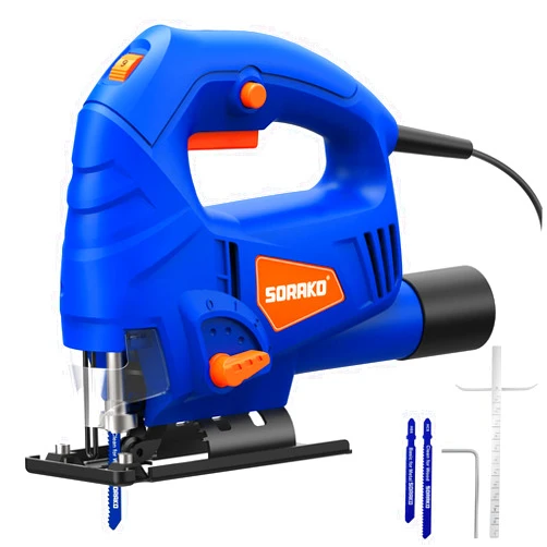 SORAKO Jigsaw, 5.0Amp Jig Saw Tool Corded Electric Power Cutter,800-3000 SPM Jig Saw, 6 Variable Speed, 0°-45° Bevel Cutting, 4 Orbital Sets, for Woodworking with 2PCS Blades & Scale Ruler