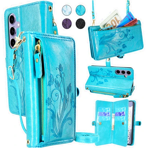 Lacass Crossbody Wallet Case for Galaxy S24+ Plus,[Cards Theft Scan Protection] Card Holder Zipper Flip Leather Cover Wrist Strap Stand for Samsung Galaxy S24+ Plus(Floral Blue Green)