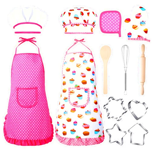 Cunhill Kids Cooking and Baking Set Baking Kit Apron Dress up Chef Costume Kids Aprons for Girls Toddler Chef Hat for Little Girls 2 to 6 Year Old