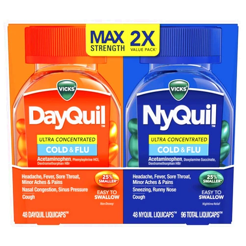 Vicks DayQuil & NyQuil Combo Pack, Ultra Concentrated Cold and Flu Medicine, Daytime & Nighttime, Relief for Cough, Sore Throat, Fever, Congestion, 96 Total LiquiCaps