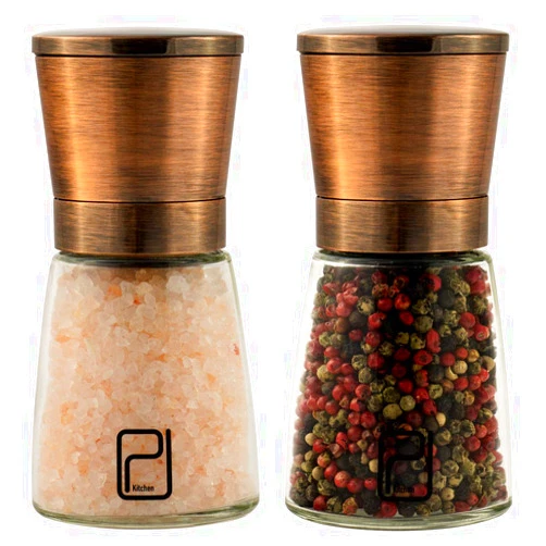 PJCKitchen Premium Salt and Pepper Grinder Set - Best Copper Stainless Steel Mill for Home Chef, Magnetic Lids, Smooth Ceramic Spice Grinders with Easy Adjustable Coarseness, Top Salt and Pepper Shakers - 6 Oz