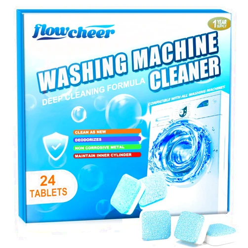 Flowcheer Washing Machine Cleaner Tablets, 24-Pack - Powerful Descaler for Deep Cleaning HE Front Load & Top Load Washers. Eco-Friendly Deodorizer. Cleans Drum & Tub Seal. 1 Year Supply