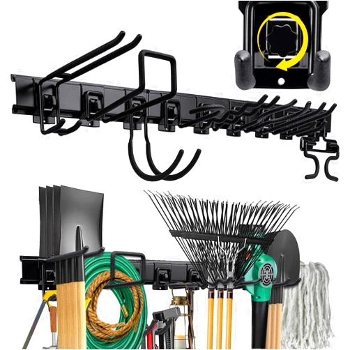 AUROPEAK Upgraded Garage Garden Tool Organizer Wall Mount, Heavy Duty Garage Storage and Organization with Swivel Buttons. Tool Organizer Rack with 3 Pack Rails and 10 Adjustable Hooks, Load 800Lbs