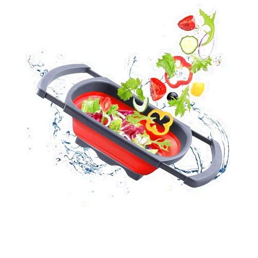 Generic JS Colander collapsible, Colander Strainer Over The Sink Vegetable/Fruit Colanders Strainers with Extendable Handles, New Kitchen Essentials (Red)