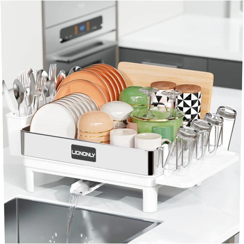 LIONONLY Dish Drying Rack, 304 Stainless Steel Dish Drainers for Kitchen Counter, Durable Dish Strainer with 360° Rotatable Spout, Glass Holder, Utensil Holder, Saving-Space Kitchen Organizer, White