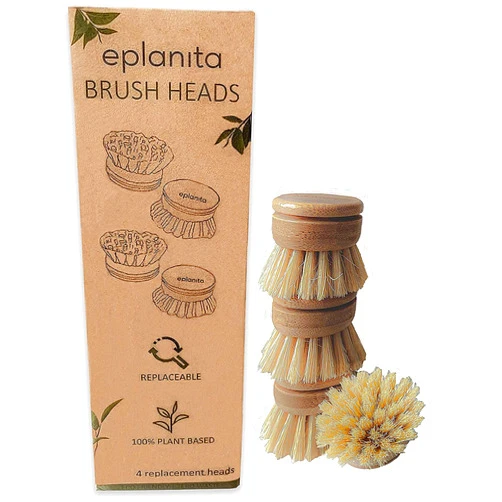 eplanita Replacement Brush Heads (Pack of 4) for Bamboo Dish Brush, Sisal Bristle Refills, Agave Cactus Fibres, Kitchen Eco Scrubber, Plastic Free Washing Up, Zero Waste Cleaning