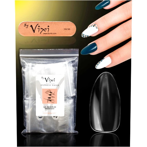 By Vixi 600 MEDIUM ALMOND NAIL SET with PREP FILE, 10 Sizes – Clear Express Full Cover False Fingernail Extensions for Salon Professionals & Home Use
