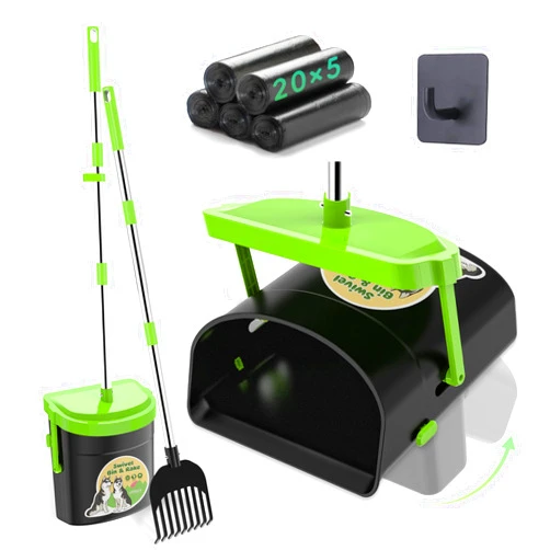 UPSKY Pooper Scooper Swivel Bin & Rake with 100 Waste Bags, Stainless Steel Long Handle Pooper Scooper for Large Medium Small Dogs, Metal Dog Poop Scooper with Hook for Easy Yard Cleanup