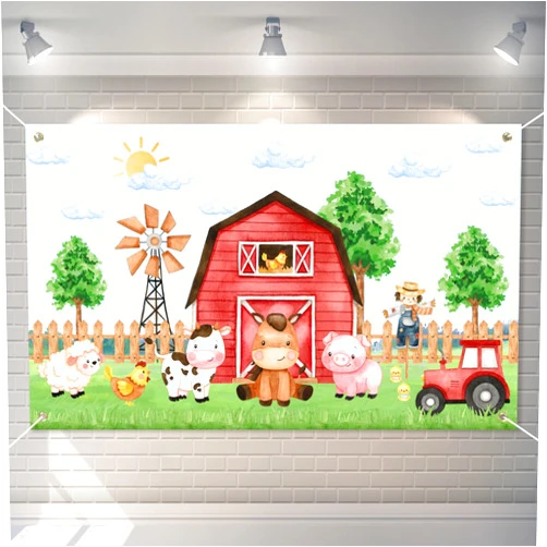 Heboland Watercolor Farm Birthday Decorations Backdrop Banner for Boys, Large Size 3 x 5Ft Barnyard Animal Backdrop Banner Baby Shower Party Supplies